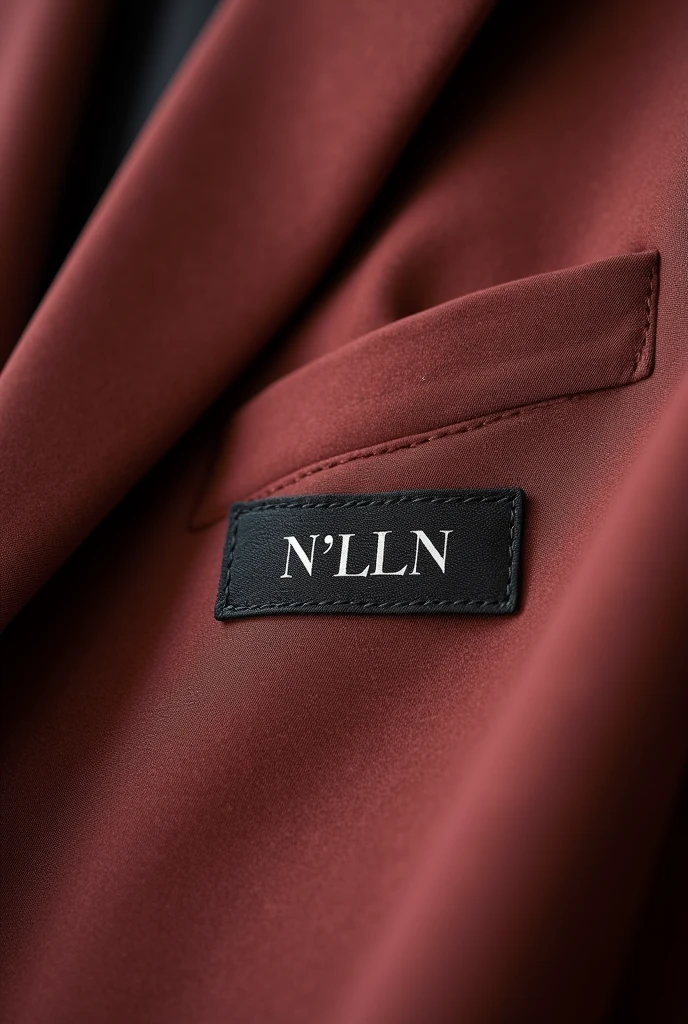 Create a close-up image of a section of a women's blazer made from the highest quality fabric. The fabric should have a luxurious and refined texture, reflecting the craftsmanship of high-end fashion brands. Ensure the image captures the fine details of the material, such as its smooth finish and subtle sheen. Include a small, elegantly designed N'Lin brand tag discreetly attached to the garment. The overall presentation should convey sophistication and premium quality, similar to the style of leading fashion brands like Chanel and Gucci. The lighting should highlight the fabric's texture and the brand tag clearly, showcasing the garment's attention to detail and luxury.
