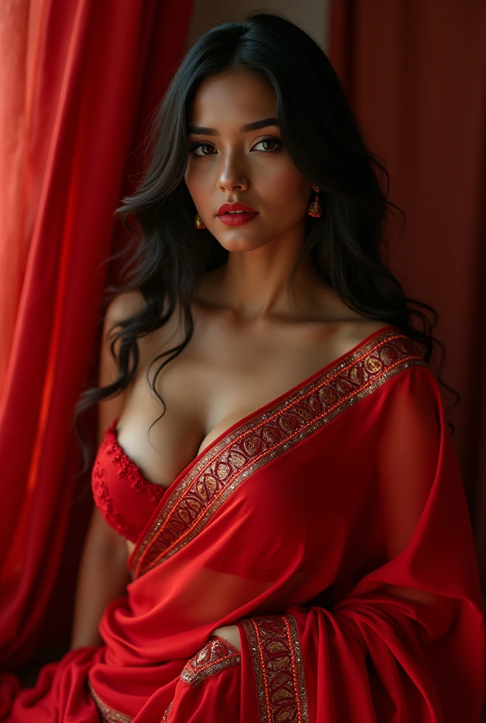 woman in red saree 
Attractive
More hot hot
Sexy 
Show open hot parts of body 
Bad
Indian 