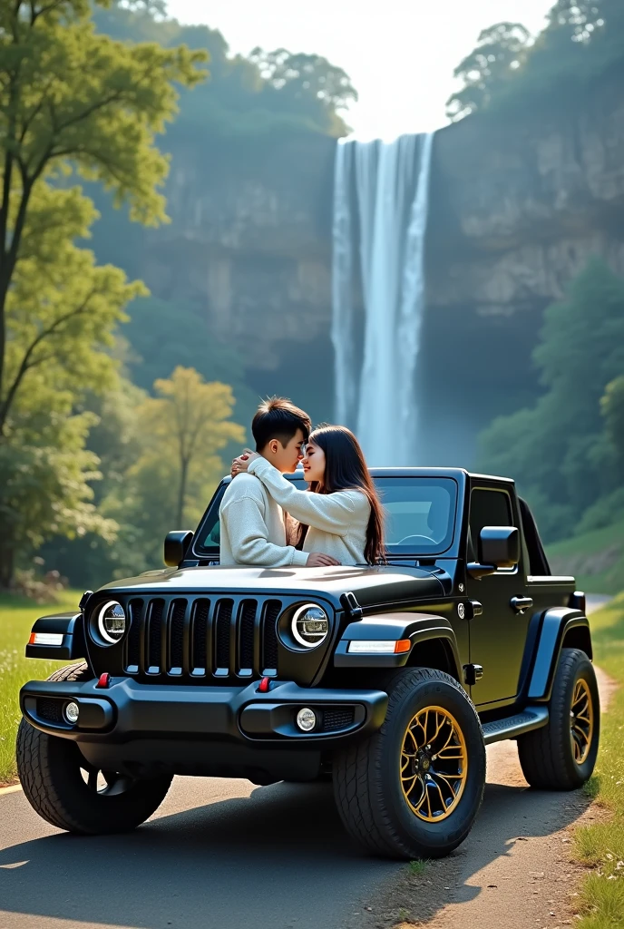 a Korean couple, a beautiful woman wearing a hijab and a Korean young man with thin, neat hair.wearing a white Mickey Mouse sweater.sitting in a black Jeep car with low profile gold and blue neon rims.hugging a beautiful Muslim woman in similar clothing, set against a village road on a sunny day with a towering waterfall in the background.Bright lighting with a blue sky.photo studio