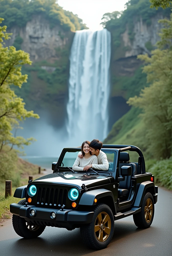 a Korean couple, a beautiful woman wearing a hijab and a Korean young man with thin, neat hair.wearing a white Mickey Mouse sweater.sitting in a black Jeep car with low profile gold and blue neon rims.hugging a beautiful Muslim woman in similar clothing, set against a village road on a sunny day with a towering waterfall in the background.Bright lighting with a blue sky.photo studio