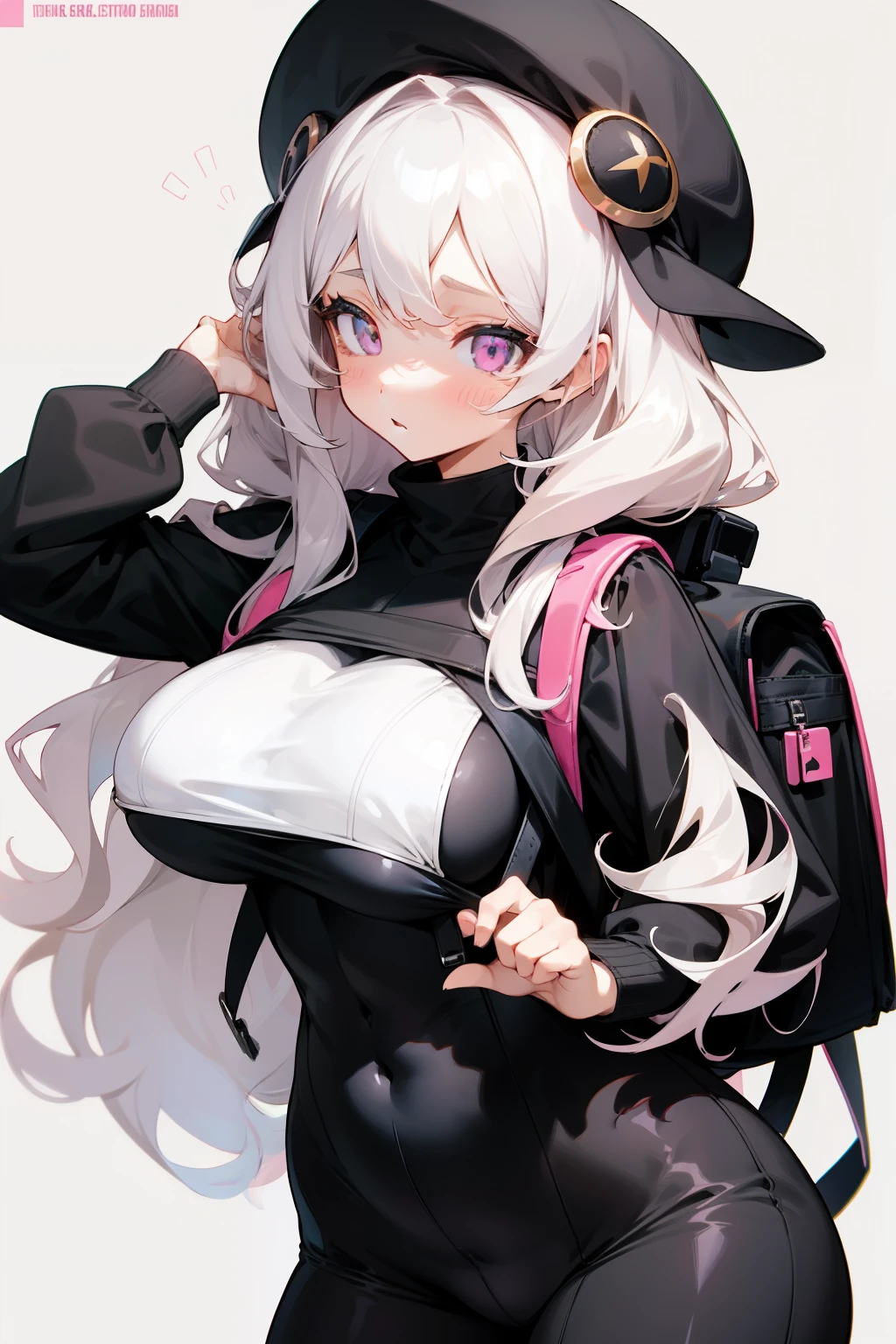 Cute girl, white wavy hair, tight black clothes covering the whole body, cute pink backpack, big tits, sexy thighs, backpack and top، عمرها 20 سنة