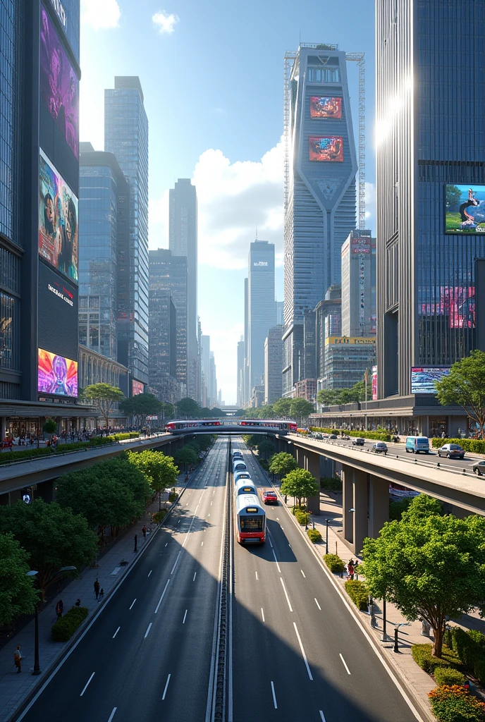 go figure "Bogota" like an ultra futuristic city with a vibrant mix of modernity. Platforms and roads are wide and fluid, designed to facilitate the efficient transit of vehicles and pedestrians. Throughout these spaces, lush green areas are found, with tall trees and flowering shrubs that bring color and freshness to the urban environment.
The city's architecture is inspired by the iconic Big Apple and Times Square. Skyscrapers stand imposingly, with glass and metal facades that reflect neon lights and digital ads, creating a vibrant and dynamic atmosphere. Giant screens on buildings display constantly changing digital art and advertising, adding energy and color to the streets.
Buildings have innovative shapes, with architectural designs that challenge traditional conventions, and the use of sustainable technologies is evident throughout the city. Pedestrian areas are designed to be pleasant and accessible, with paved paths surrounded by greenery and outdoor rest areas.
Modes of transportation include trains and autonomous vehicles that effortlessly navigate the wide roads, while public transportation systems are fast and efficient. The combination of advanced technology and natural elements creates an urban environment that is both futuristic and welcoming.
