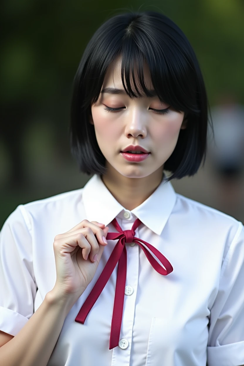 Highest quality,Japanese Idols, Short Bob Hair、bangs、Award-winning photo, Very detailed, Edge Orgasm, Face Focus, (No makeup), (Woman with open mouth and closed eyes ), Age 30、Black Hair、 News anchor、Glowing Skin,From below、Realistic nostrils、Browsing Caution,Shortcuts、Big Breasts、Vibrator prank in public, 公共の場でのBig Breasts女性, She leaned back., (She closed her eyes), she yawns, She wants you to stop using vibrators