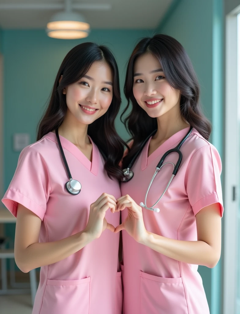 photograph, cowboy shot, two women with hands together making heart shape, smiling beautiful Japanese female nurse wearing pink nurse dress, hourglass figure, beautiful detailed face, black hair, pale skin, fair skin, realistic skin, detailed cloth texture, detailed hair texture, Perfect proportion, Anatomically correct, Highly detailed face and skin texture, private modern hospital room, looking at viewer, asian face , perfect anatomy, realistic