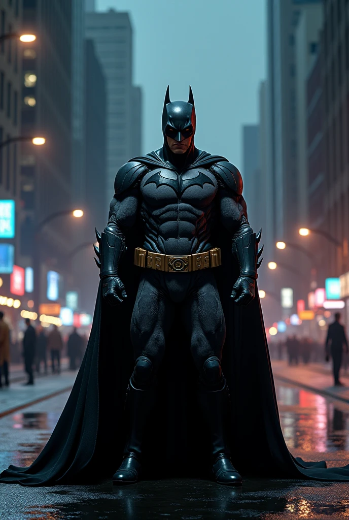 best quality, 8k, very delicate and beautiful, highly detailed face and skin texture, high resolution, batman stand on street in city at night, full body, sharp focus