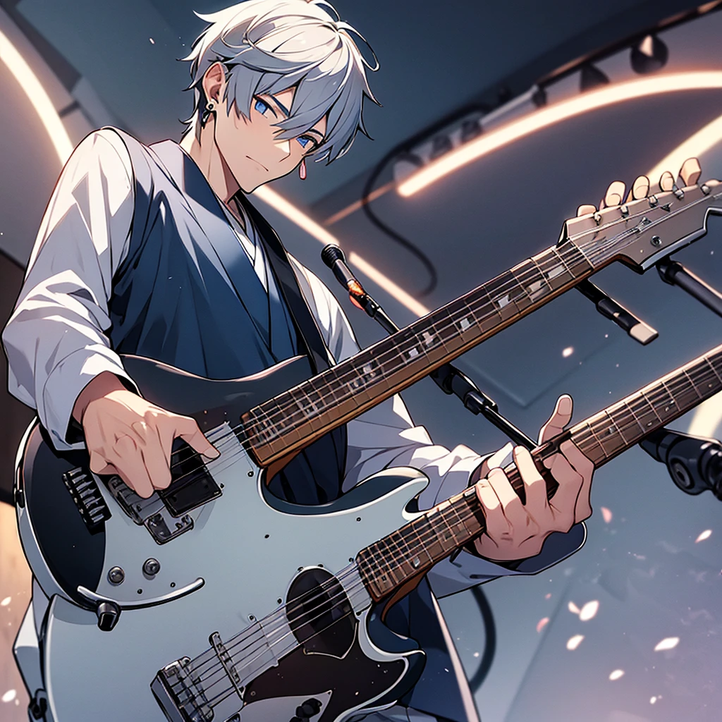 man,I have gray hair,Wearing Japanese school uniform,blue eyes,Electric guitar holder,my body shape,high,a handsome face,put on earrings,