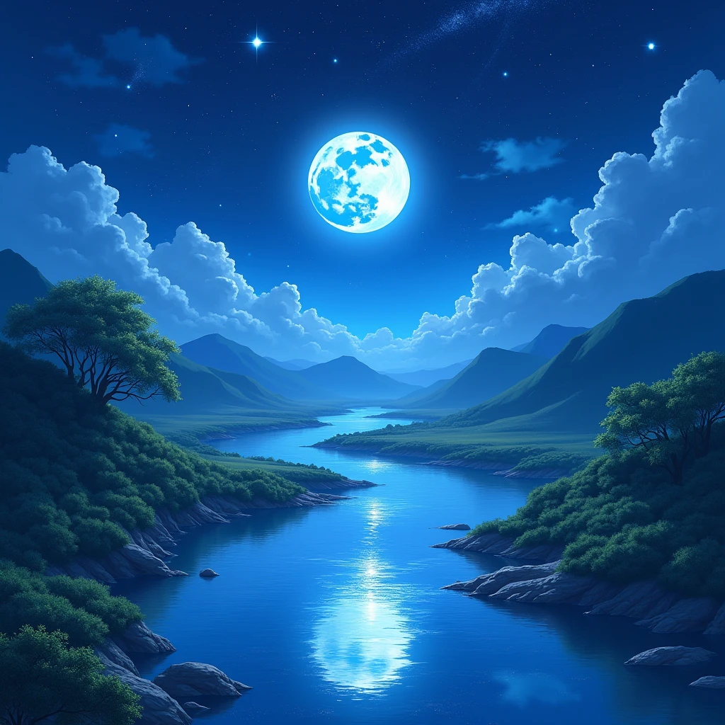 A painting of a river with stars and moon in the sky, concept art inspired by Tosa Mitsuoki, pixiv contest winner, best quality, fantasy art, beautiful anime scene, a bright moon, moonlit starry environment, dream painting, Anime Background Art, Fantasy Landscape Art, Fantasy Night, Anime Background, Background Artwork, Fantastic Art, Atmospheric Anime, Starry Sky, Detail Enhanced.