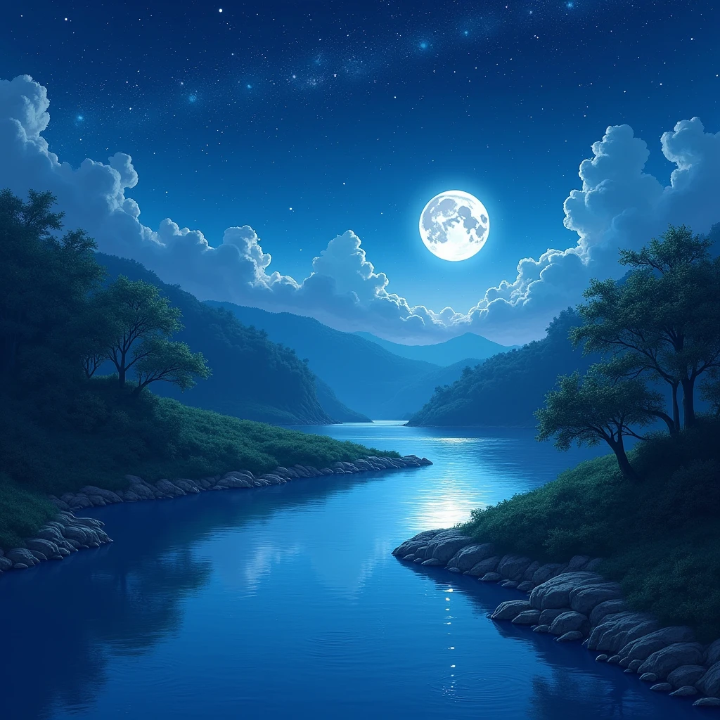A painting of a river with stars and moon in the sky, concept art inspired by Tosa Mitsuoki, pixiv contest winner, best quality, fantasy art, beautiful anime scene, a bright moon, moonlit starry environment, dream painting, Anime Background Art, Fantasy Landscape Art, Fantasy Night, Anime Background, Background Artwork, Fantastic Art, Atmospheric Anime, Starry Sky, Detail Enhanced.