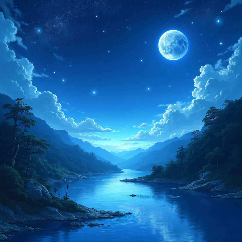 A painting of a river with stars and moon in the sky, concept art inspired by Tosa Mitsuoki, pixiv contest winner, best quality, fantasy art, beautiful anime scene, a bright moon, moonlit starry environment, dream painting, Anime Background Art, Fantasy Landscape Art, Fantasy Night, Anime Background, Background Artwork, Fantastic Art, Atmospheric Anime, Starry Sky, Detail Enhanced.