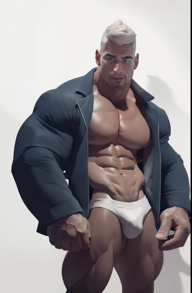 masterpiece, best quality, muscular, bara, 25 year old male, shirtless, wearing unbuttoned jacket, short white faux haircut, large pectorals,large arms and hands,white speedo, thick eyebrows,white background