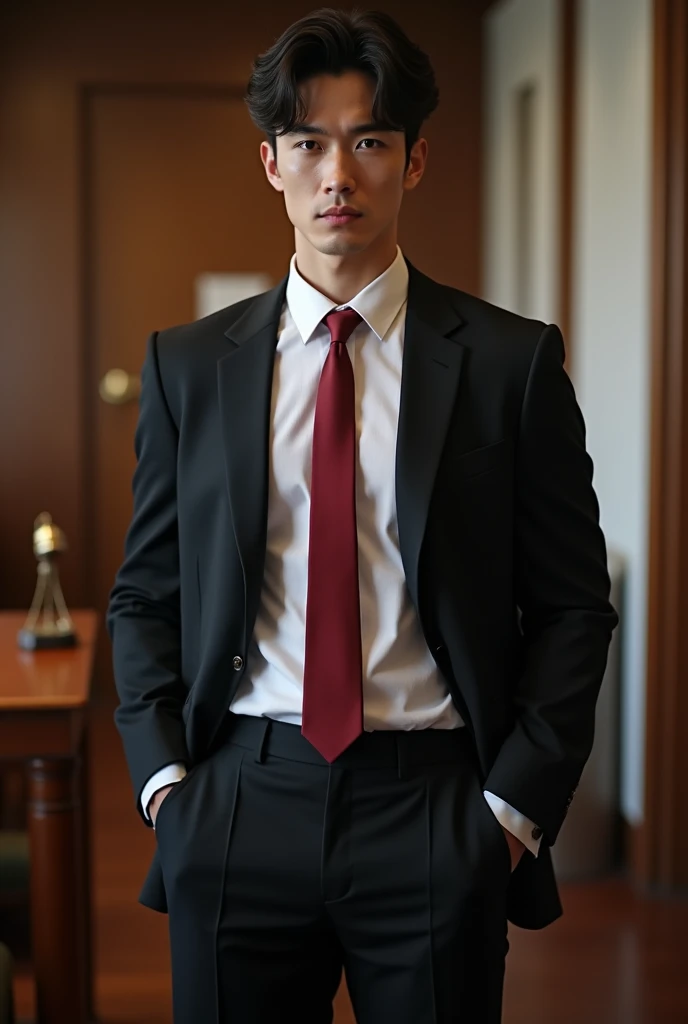 1 handsome Japanese guy,27years old,Lawyer,Formal shirt and red tie, Lawyer服, Professional Dress, Preparing for court, Handsome and elegant, Wearing a black uniform, sexy abstinence, in blouse wearing, Masculine and handsome,musculous,Muscles look good,hairy bodies,with fair skin,黑The eye(thin eyes 1:3),Full body photo,lewd face, tight chest, provocatively, unbutton buttons ,sexy
