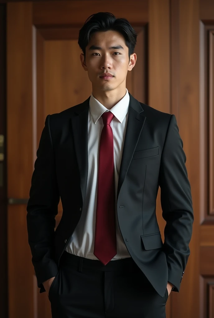 1 handsome Japanese guy，27years old，Lawyer，Formal shirt and red tie, Lawyer服, Professional Dress, Preparing for court, Handsome and elegant, Wearing a black uniform， sexy abstinence, in blouse wearing, Masculine and handsome，musculous，Muscles look good，hairy bodies，with fair skin，黑The eye（thin eyes 1：3），Full body photo,lewd face, tight chest,  provocatively, unbutton buttons ,sexy