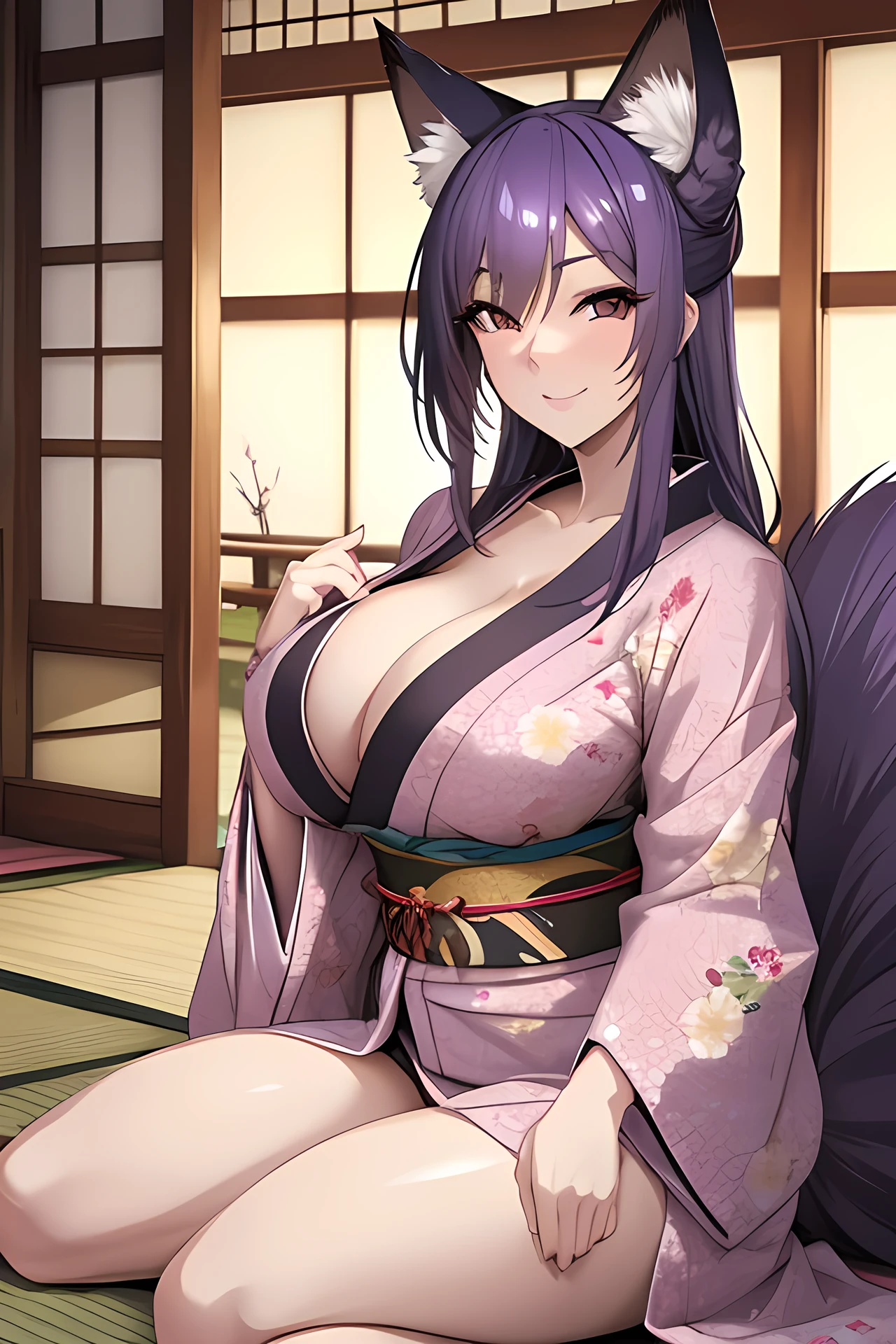 Mature woman, purple hair, huge breasts, 9 fox tails, fox ears, Japanese home, kimono