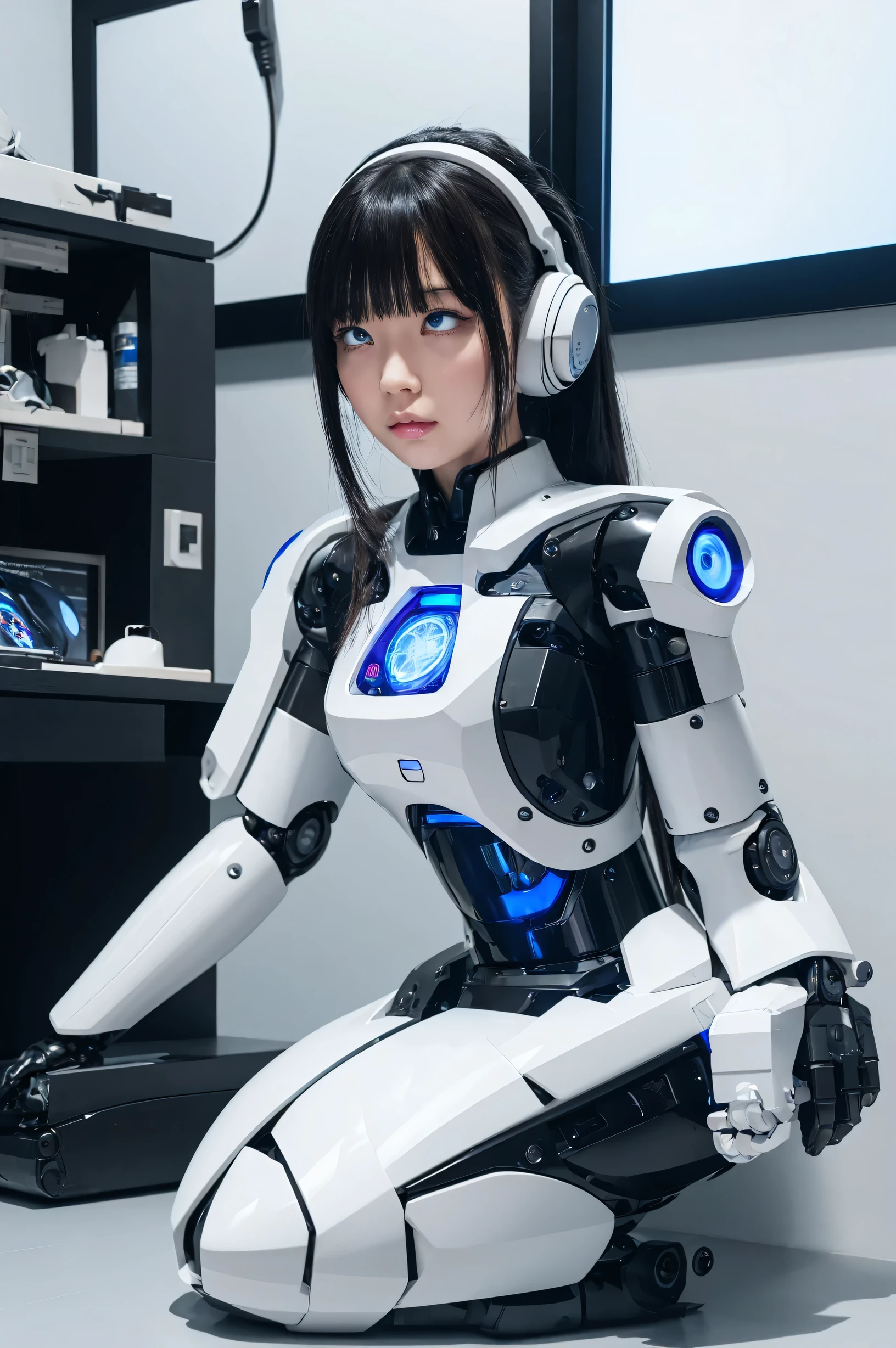 masterpiece, best quality, extremely detailed, Japaese Cyborg Girl,Plump ,control panels,android,Droid,Mechanical Hand, ,clothes with a sense of mechanical technology, Robot arms and legs, Black Robot Parts,Black hair,Mechanical body,dress shirt,long vest,Blunt bangs,White abdomen,White robotics parts,perfect robot woman,future laboratory,cyber pank,charging spot,laboratory,long tube,thick cable connected her neck,kneel on the floor,bowing,ceramic body ,mechanical body,blue eyes,android,robot humanoid,rolling eyes