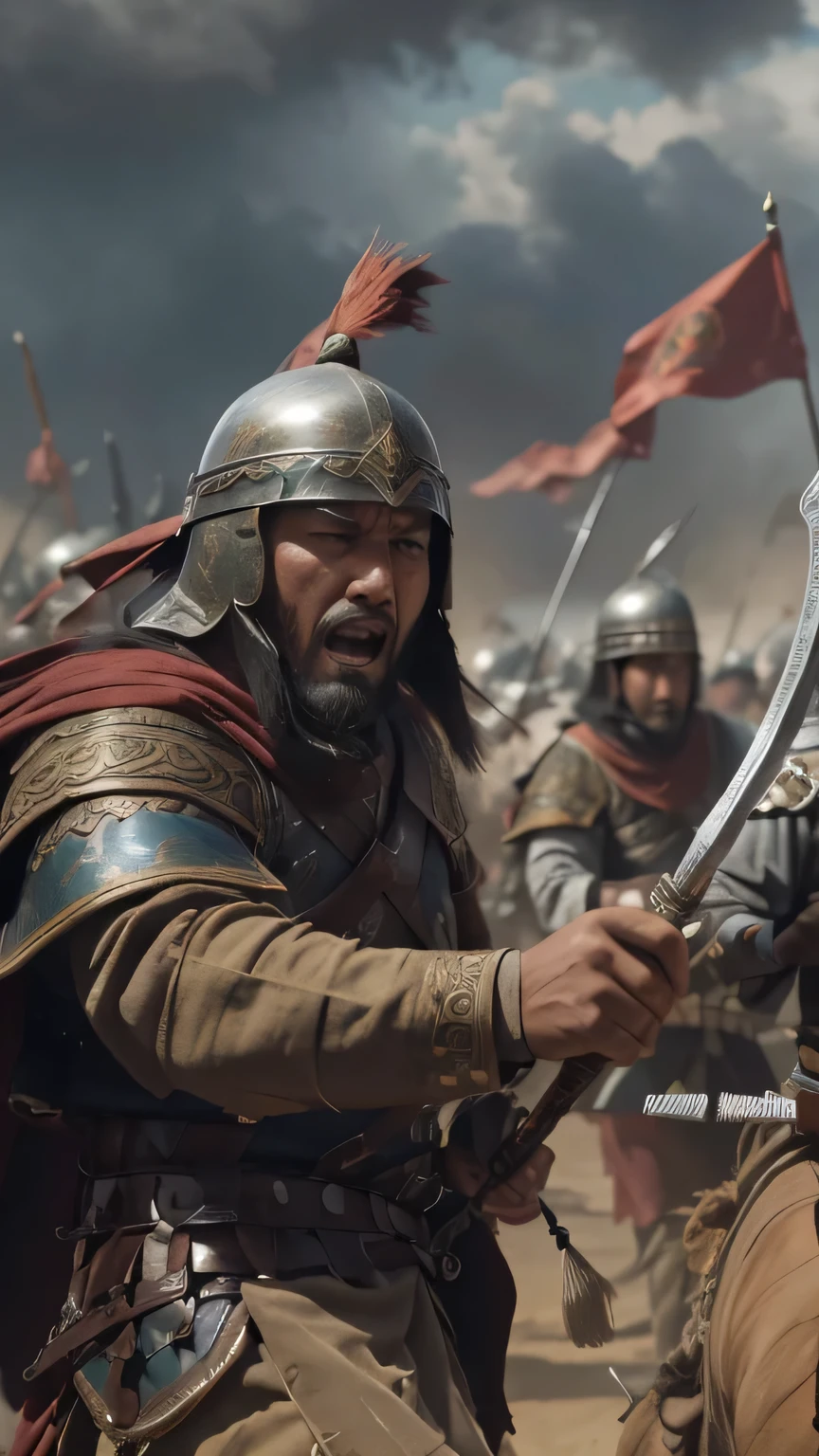 4K, dark fantasy, medieval period, the first clash between the Mongol and Mamluk forces, the dust from the horses creating a hazy battlefield. Swords clash, arrows fly, and the sound of metal against metal fills the air. Close-up of a Mongol warrior smashing through the Mamluk front lines, the intensity of the battle reflected in his fierce expression. In the background, the Mamluk soldiers struggle to hold their ground against the ferocious Mongol assault.