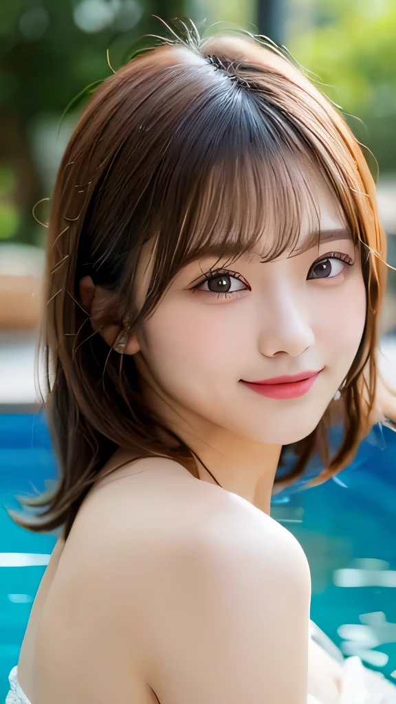 Tabletop, Highest quality, shape, Very detailed, High resolution, 8k wallpaper, Perfect dynamic composition, Ultra detailed face,  Natural Lip , Cleavage, (The eyelashes on both eyes are equal and beautiful.), looking at the camera, (whole body), Daytime, Pool, smile