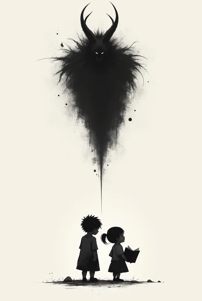 Tatouage homme avant bras deux petites silhouette pas trop détaillé d'enfant entrain de lire un livre et au dessus d'eux un démon qui veille sur les enfants