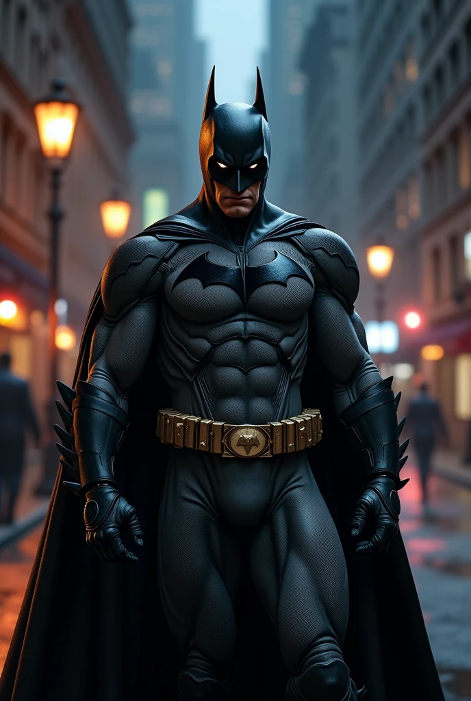 best quality, 8k, very delicate and beautiful, highly detailed face and skin texture, high resolution, batman stand on street in city at night, full body, sharp focus