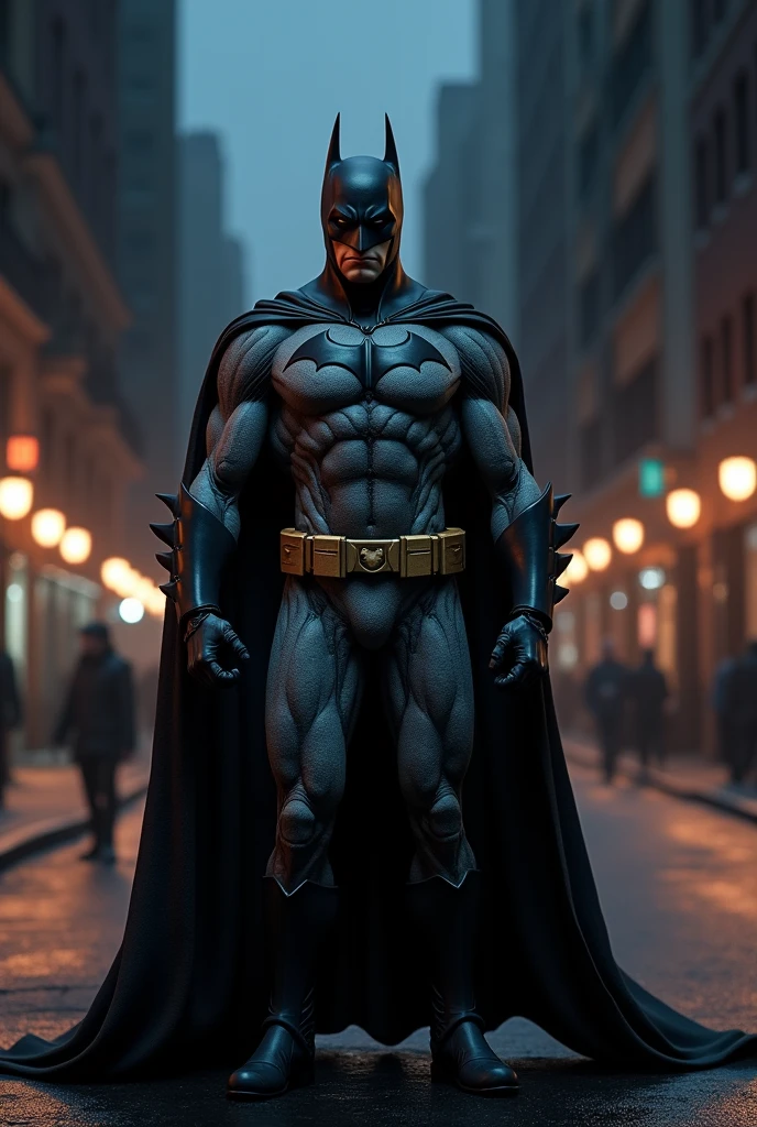 best quality, 8k, very delicate and beautiful, highly detailed face and skin texture, high resolution, batman stand on street in city at night, full body, sharp focus