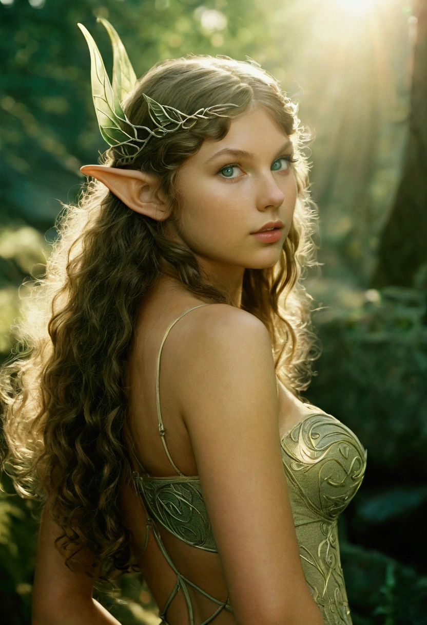 analog film photo, photo of a young elven girl, 18 years old, elf ears, jade eyes, dark, long messy waves, sun-tanned complexion, olive skintone, Amazonian stature, voluptuous hourglass figure, busty bosom, narrow waist, full hips, big plump buttocks, wearing elven undergarments, resembles Taylorr Swift, strolling through a sunny fantasy landscape, RAW Photograph, dslr, soft lighting, high quality, film grain, Fujifilm XT3, detailed skin with visible pores, insane details, masterpiece, 8k, 35mm photograph, dslr, kodachrome, faded film, desaturated, grainy, vintage, Lomography, stained, highly detailed, found footage, close-up shot, elven ears
