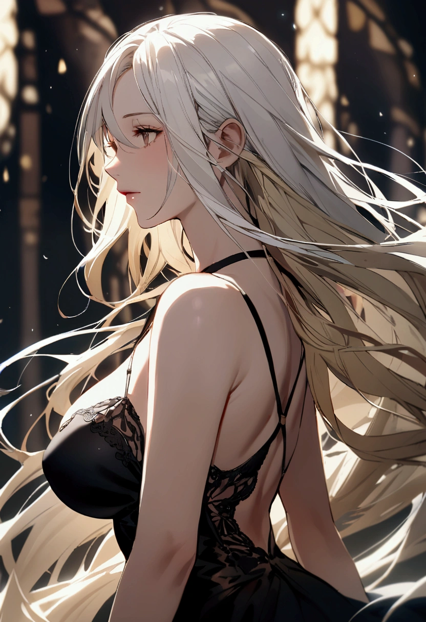 slender, mature female,1girl, long_hair, white_hair, blurry, close-up, bare_shoulders, blonde_hair, standing, breasts, depth_of_field, grey_hair, from_side