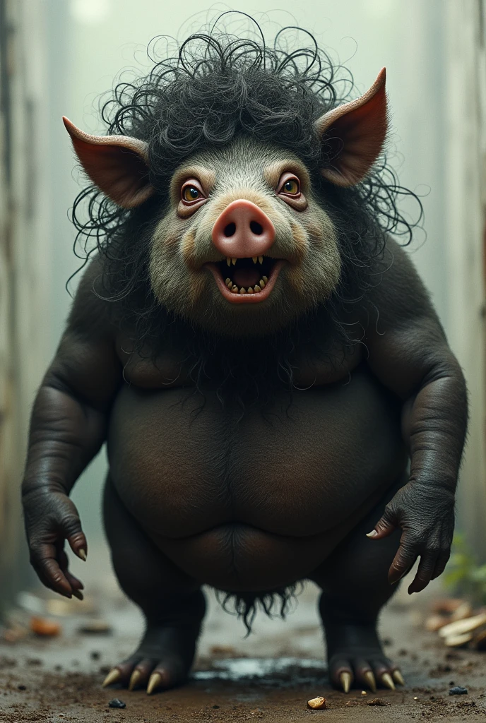 A fat, black and ugly pig with human hair with many curls
 