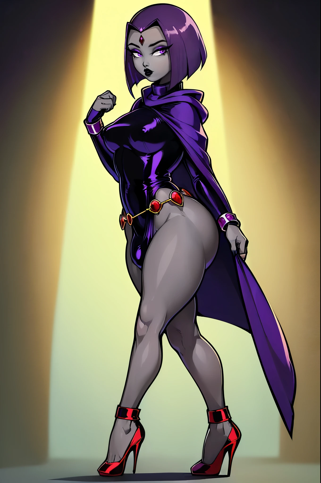 (solo:1.1),(masterpiece), (best quality:1.3),, (ultra detailed), (intricate), professional art, digital art, absurdres, shadraven, (Full body view:1.3), (far away view:1.1), 1girl, solo, (grey skin:1.4), dark purple hair, bob hair, dark purple eyes, hips wider than shoulders, pear shaped body, jewellery, detailed thighs, (thick thighs:1.3), red jewel in forehead, jewels, (long sleeved turtleneck leotard:1.4), (Red jewel Belt), (red jewel brooch), cuffs, small breasts, nipple bulge, (raven long dark purple hooded cape), (Shadraven brooch:1.2), Shadraven jewel belt, Shadraven wearing a long sleeved leotard with a hooded cape and fingerless gloves high heels and waist-high-leggings, (long legs:1.3), ( detailed long thick veiny crotch bulge with veins showing through clothing:1.4), large penis, large testicles, looking at viewer, (side angle frontal view),(bubble butt) , gluteal crease, universal lighting,(Detailed ass),