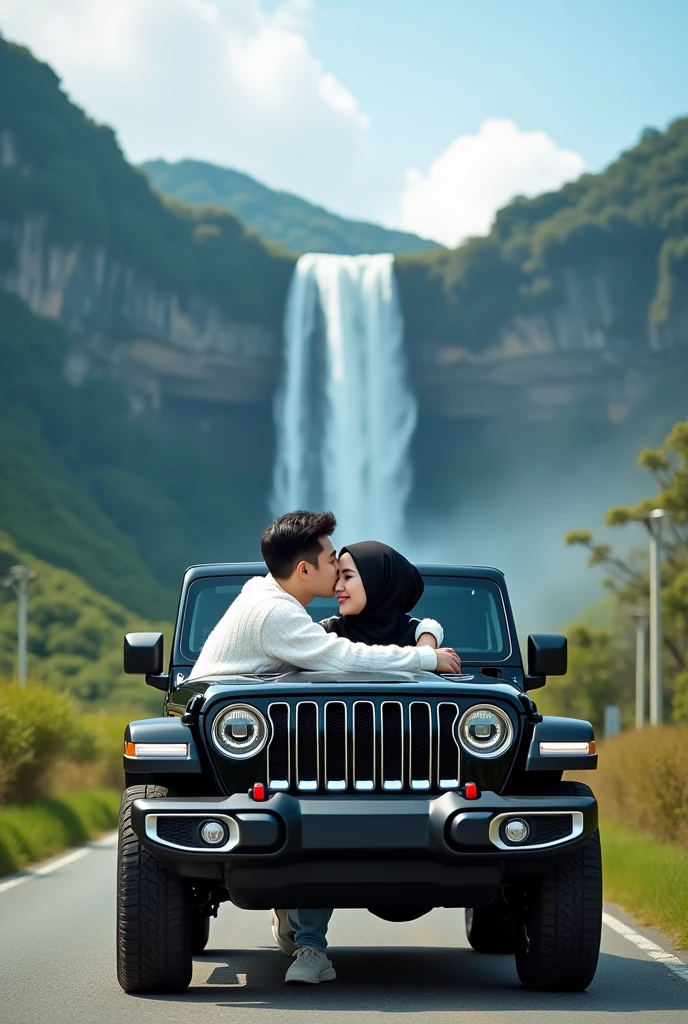 a Korean couple, a beautiful woman wearing a hijab and a Korean young man with thin, neat hair.wearing a white Mickey Mouse sweater.sitting in a black Jeep car with low profile gold and blue neon rims.hugging a beautiful Muslim woman in similar clothing, set against a village road on a sunny day with a towering waterfall in the background.Bright lighting with a blue sky.camera facing view.photo studio