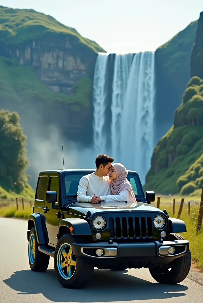 a Korean couple, a beautiful woman wearing a hijab and a Korean young man with thin, neat hair.wearing a white Mickey Mouse sweater.sitting in a black Jeep car with low profile gold and blue neon rims.hugging a beautiful Muslim woman in similar clothing, set against a village road on a sunny day with a towering waterfall in the background.Bright lighting with a blue sky.camera facing view.photo studio