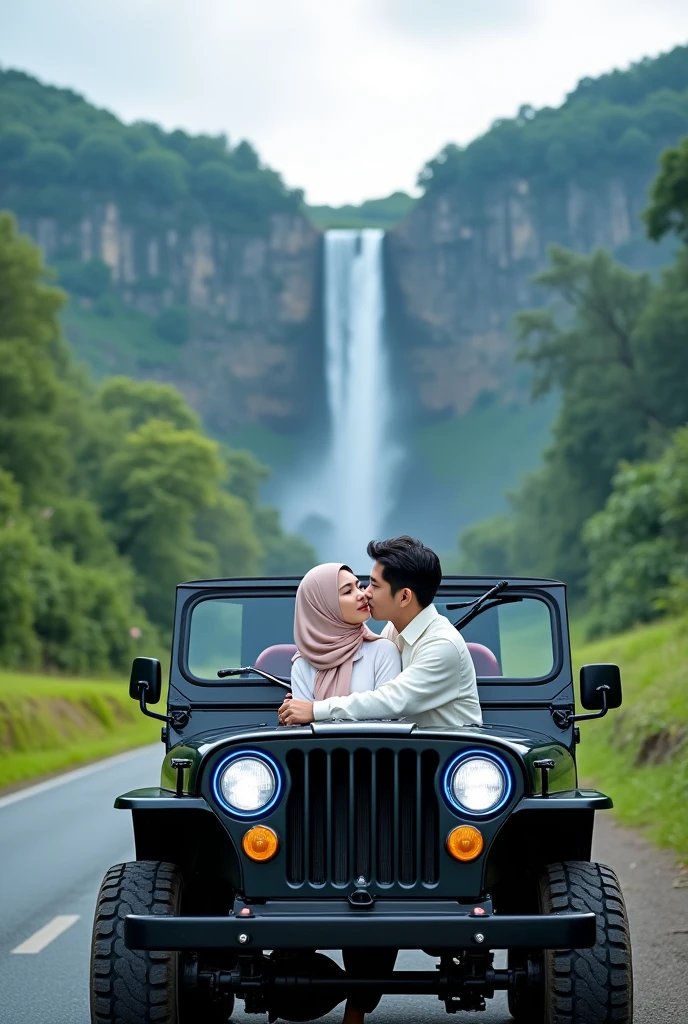 a Korean couple, a beautiful woman wearing a hijab and a Korean young man with thin, neat hair.wearing a white Mickey Mouse sweater.sitting in a black Jeep car with low profile gold and blue neon rims.hugging a beautiful Muslim woman in similar clothing, set against a village road on a sunny day with a towering waterfall in the background.Bright lighting with a blue sky.camera facing view.photo studio