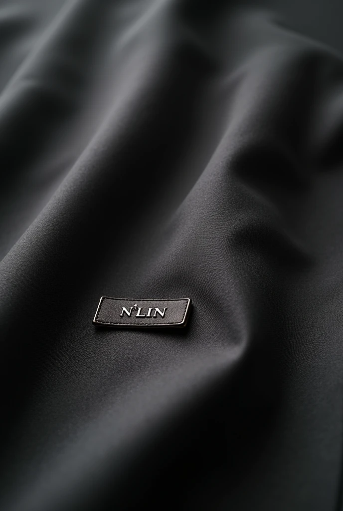 Create a close-up image of a section of a women's blazer made from the highest quality fabric. The fabric should have a luxurious and refined texture, reflecting the craftsmanship of high-end fashion brands. Ensure the image captures the fine details of the material, such as its smooth finish and subtle sheen. Include a small, elegantly designed N'Lin brand tag discreetly attached to the garment. The overall presentation should convey sophistication and premium quality, similar to the style of leading fashion brands like Chanel and Gucci. The lighting should highlight the fabric's texture and the brand tag clearly, showcasing the garment's attention to detail and luxury.