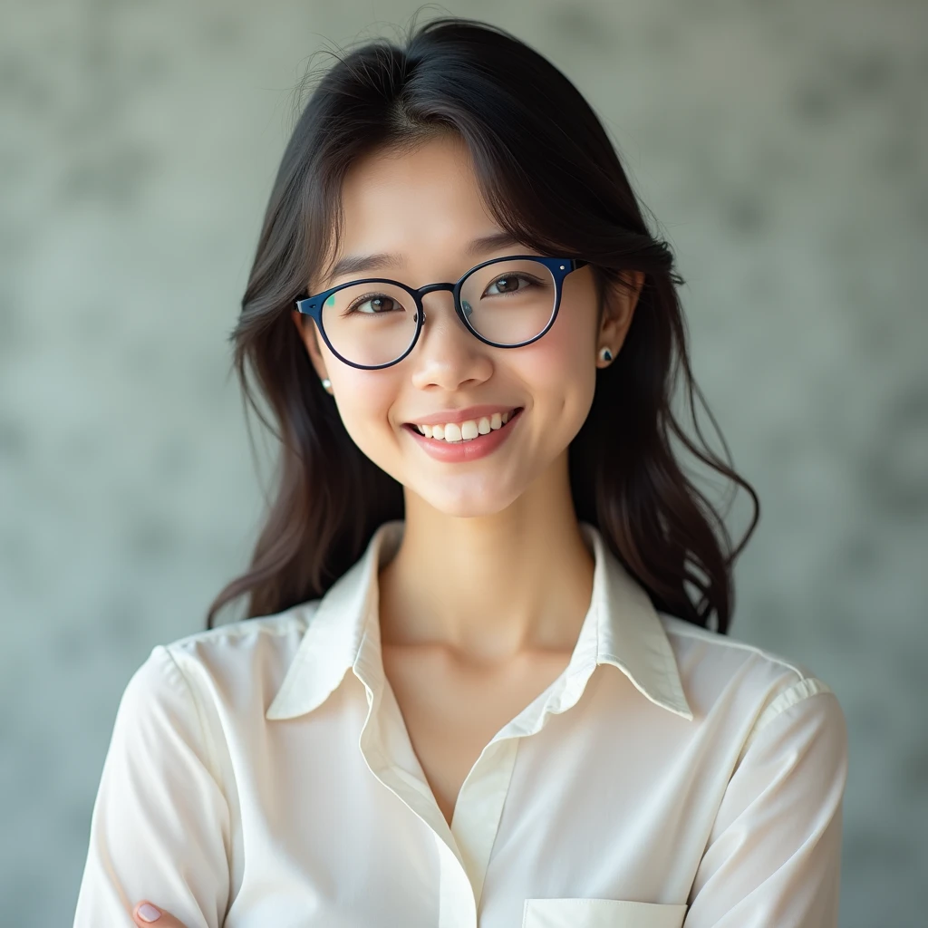 Create an image of an 18-year-old Asian female teacher wearing glasses, with a cute face, smiling. The image should be full-body, slightly revealing, and she should appear youthful.