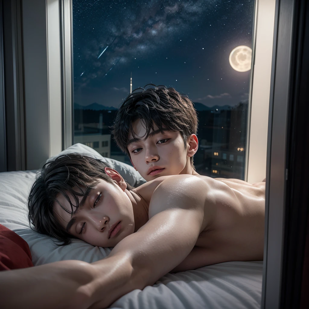 A boy resembling Kim Taehyung lying in bed sleeping in front of a window with a view of the starry full moon.