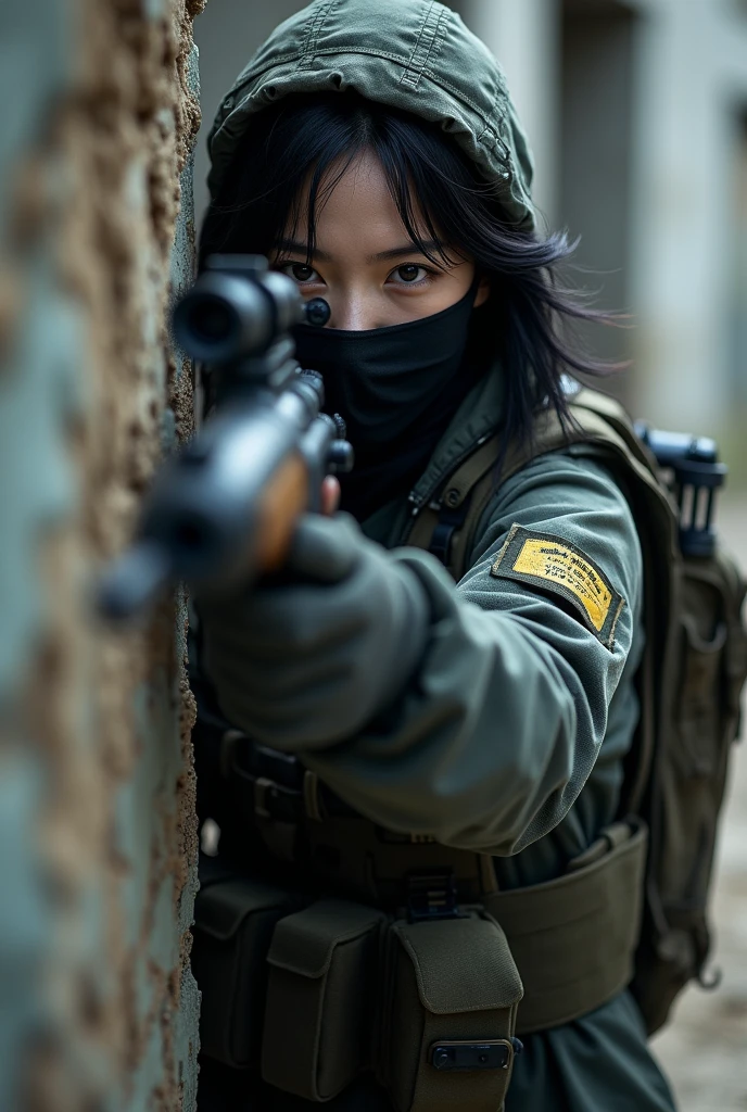 Create an image of a Chinese female sniper with a face mask
