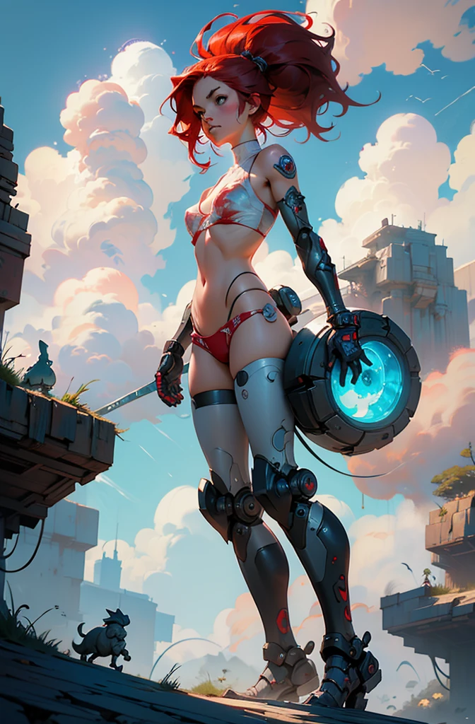 Epic see through bikini Cinematic PUNK ROCK cute red haired woman, with bouncing breasts no clothes in the style of Tony Sandoval and Ashley Woods art. Fighting robots in the the clouds.
