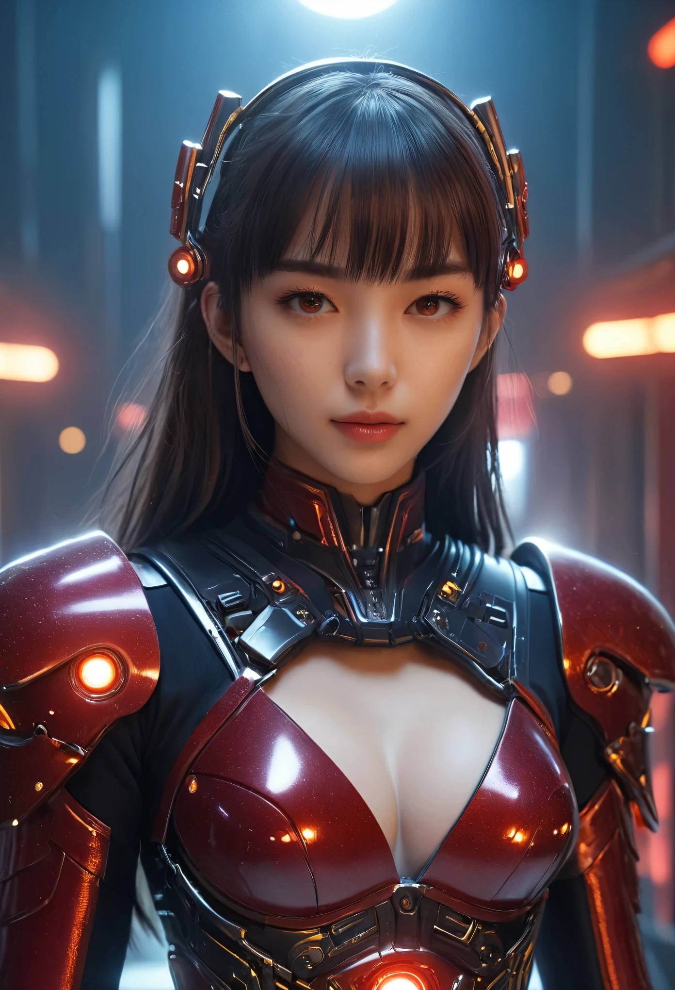(Best Quality, 4K, 8K, High Resolution, Masterpiece: 1.2), (Super Detailed, Realistic, Photorealistic:1.37), A woman in futuristic clothing, Trending on cgstation, Trending on cgstation, (Portrait of a girl in the Knights of the Zodiac:1.4), blunt bangs, Cute Cyborg Girl, Perfect android girl, Portrait Astronaut Girl, Beautiful girl cyborg, (Girl wearing dark red and jet black mechanical cyber armor:1.3), Game CG, cgsociety and fenghua zhong, Beautiful Cyborg Shrine Maiden, Bioluminescence, Yua, (Golden eyes:1.5), Anatomically correct grip, (Sharp and long claws:1.4), erotic and sexy,