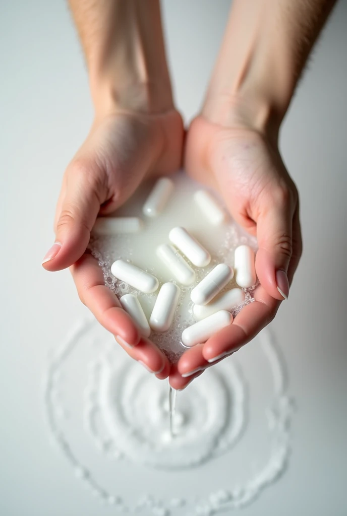 White capsules dissolving in liquid shampoo in the hand 