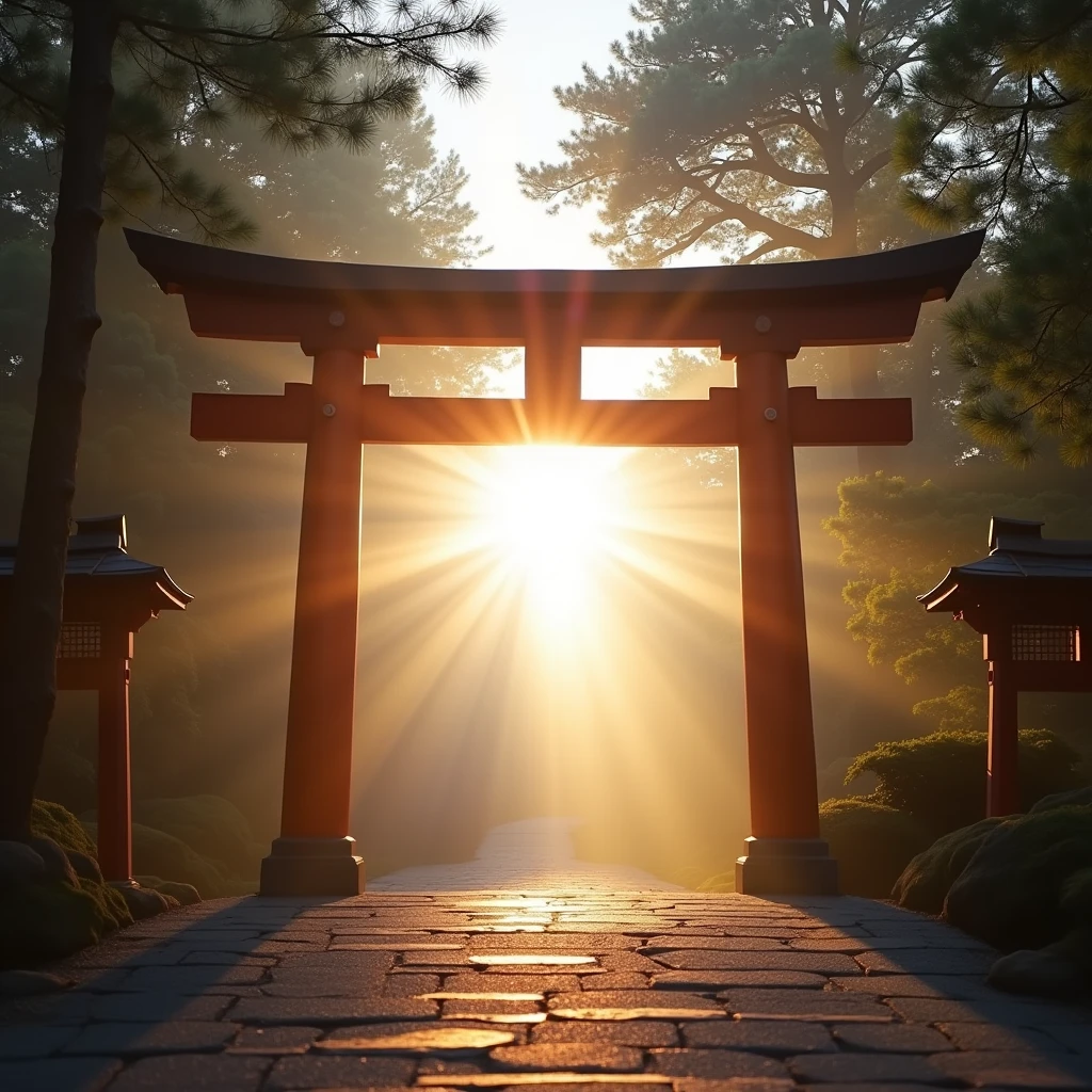 The background of the Shinto shrine's torii gate has a large halo of morning sunlight.、A large amount of light is being emitted from the center of that circle