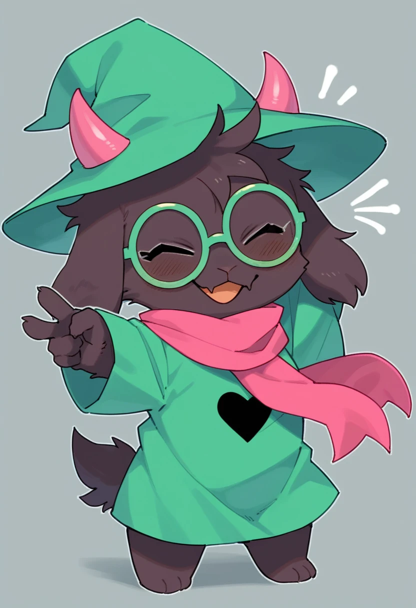 (score_9, score_8_up),furry, fur, face, Ralsei(deltarune), goat, dark fur, pink horns but green because covered by the hat, black sleeves, cute, green glasses, green hat, green shirt, standing, arms up with his hands doing the peace sign,pink scarf,closed eyes, happy, smug face {{{kame (kamepan44231), no humans, chibi, jitome, fumo (doll)}}}, portrait. 1furry, solo
