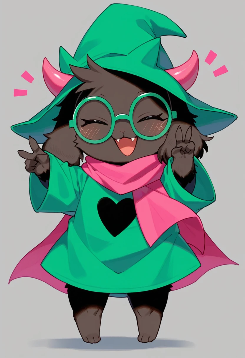 (score_9, score_8_up),furry, fur, face, Ralsei(deltarune), goat, dark fur, pink horns but green because covered by the hat, black sleeves, cute, green glasses, green hat, green shirt, standing, arms up with his hands doing the peace sign,pink scarf,closed eyes, happy, smug face {{{kame (kamepan44231), no humans, chibi, jitome, fumo (doll)}}}, portrait. 1furry, solo
