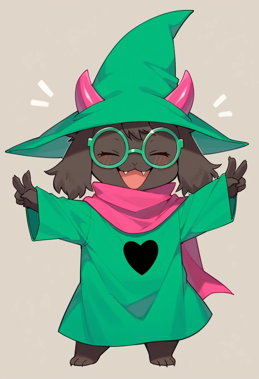  (score_9, score_8_up),furry, fur, face, Ralsei(deltarune), goat, dark fur, pink horns but green because covered by the hat, black sleeves, cute, green glasses, green hat, green shirt, standing, arms up with his hands doing the peace sign,pink scarf,closed eyes, happy, smug face {{{kame (kamepan44231), no humans, chibi, jitome, fumo (doll)}}}, portrait. 1furry, solo