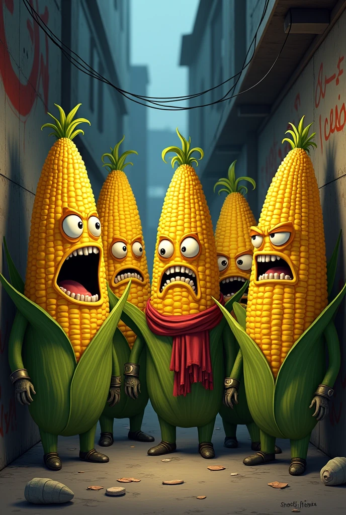 Animated group of corncobs that are criminals