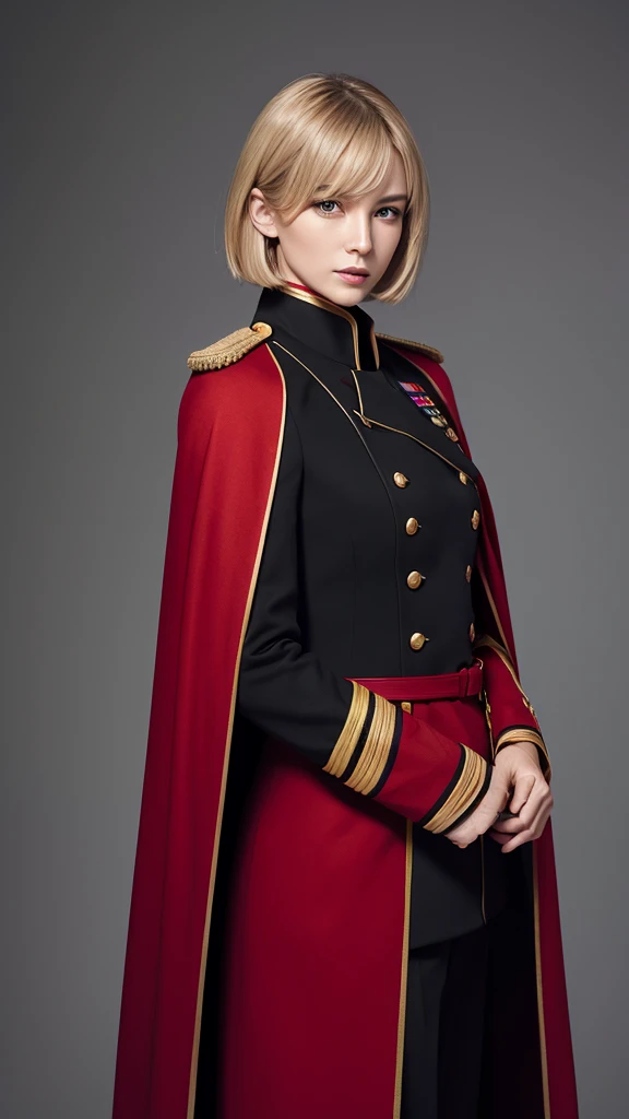Tall and slender French beauty。He was 37 years old。Dark blonde medium bob。Wearing a jet-black military uniform with a red cape on her left shoulder。