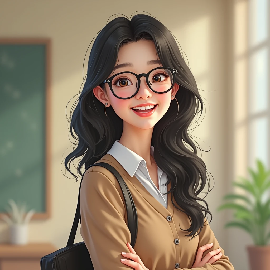 Create an image of an 18-year-old Asian female teacher wearing glasses, with a cute face, smiling. The image should be full-body, slightly revealing, and she should appear youthful.