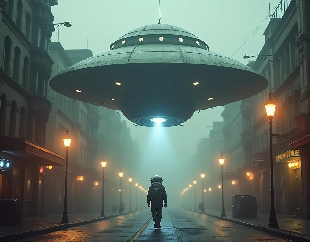 In the image, there is a futuristic setting with a large alien spaceship hovering above a city street. The ship has a prominent dome-like structure with circular windows and an open hatch, suggesting a place where one might enter or exit. The street below is dimly lit, with old-fashioned street lamps casting a warm glow on the surroundings. The architecture of the buildings has a vintage look, indicative of a past era, contrasting with the advanced technology of the spaceship. The sky is hazy, adding to the atmosphere of the scene. A person wearing a space suit is walking towards the spaceship, indicating a narrative of exploration or adventure.