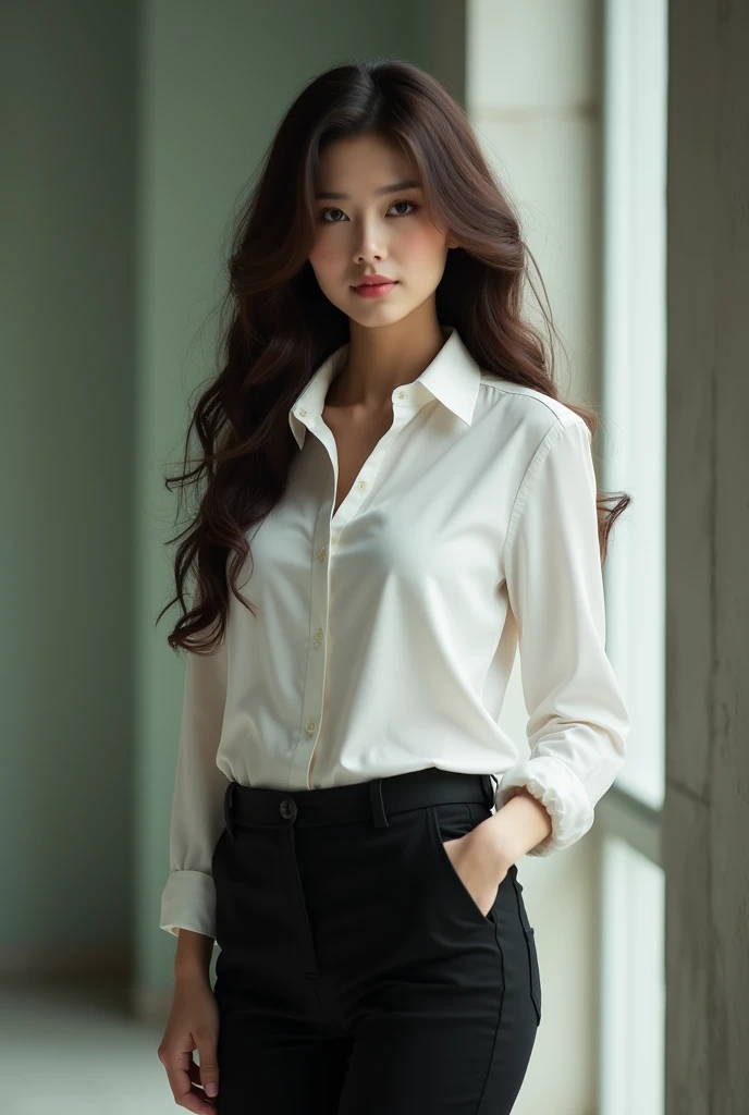 This beautiful teacher wore a simple and elegant white shirt with tight black pants, showing off her tall figure and graceful curves. Her long hair was a shawl, slightly curly, and gave off a faint fragrance. Your facial features are delicate, your eyes are bright and witty, your eyebrows are thin and natural, your lips are pink and sexy, and your face is round and smooth.