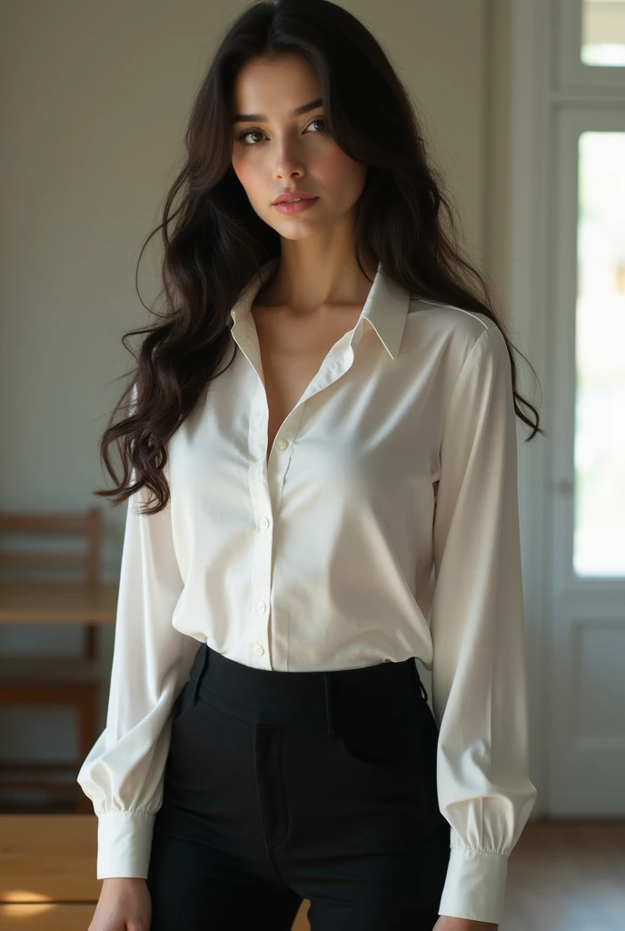 This beautiful teacher wore a simple and elegant white shirt with tight black pants, showing off her tall figure and graceful curves. Her long hair was a shawl, slightly curly, and gave off a faint fragrance. Your facial features are delicate, your eyes are bright and witty, your eyebrows are thin and natural, your lips are pink and sexy, and your face is round and smooth.