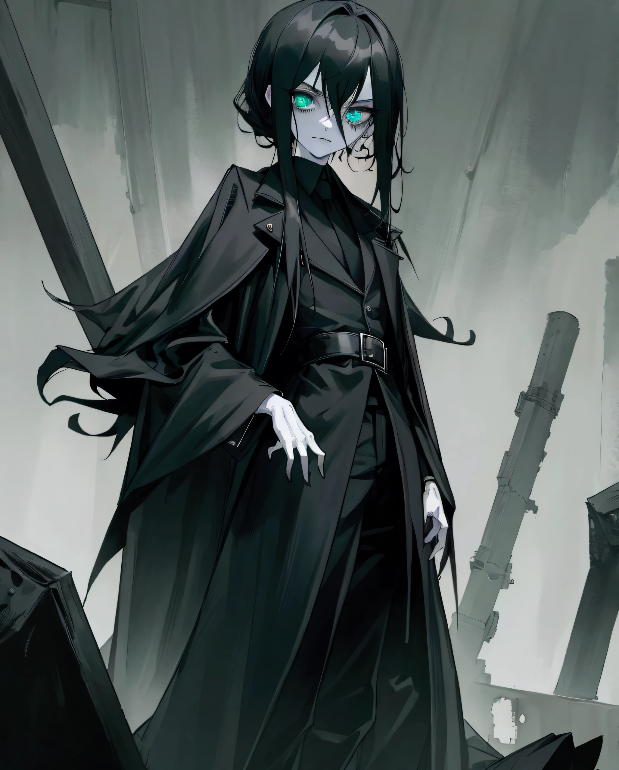 It's zombie, Wearing a long black coat, black trousers, black hair, blue-green eyes, a haughty face, small, Pale skin,