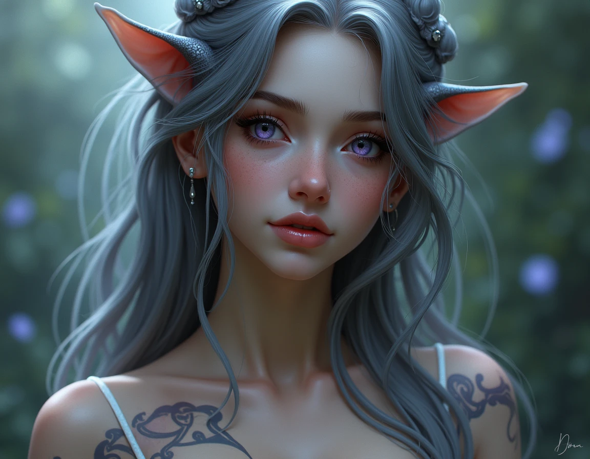 Design me an image of a woman from a fantasy world,, facially smooth textured and with porcelain medium tones but soft eyes between violet colors with long and silky medium gray hair, straight nose, who has rune tattoos, with clothes, add some unique characteristics to distinguish them from humans, with freckles, Remove the elf ears