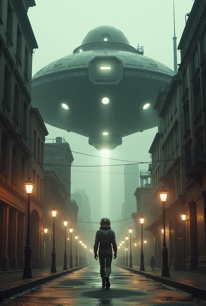 In the image, there is a futuristic setting with a large alien spaceship hovering above a city street. The ship has a prominent dome-like structure with circular windows and an open hatch, suggesting a place where one might enter or exit. The street below is dimly lit, with old-fashioned street lamps casting a warm glow on the surroundings. The architecture of the buildings has a vintage look, indicative of a past era, contrasting with the advanced technology of the spaceship. The sky is hazy, adding to the atmosphere of the scene. A person wearing a space suit is walking towards the spaceship, indicating a narrative of exploration or adventure.